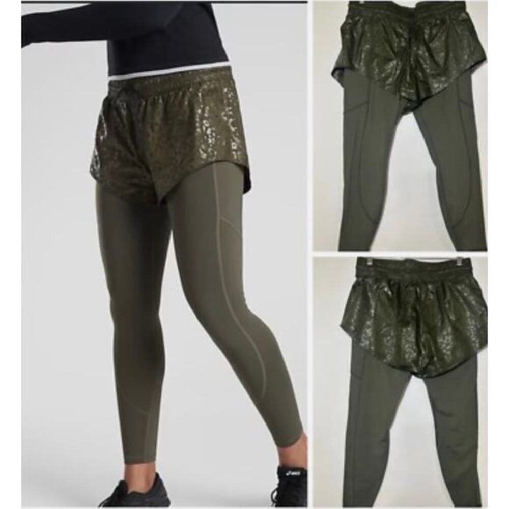 Athleta Rainer 2 in 1 Stash Pocket Leggings Olive Green Cheetah Small Tall